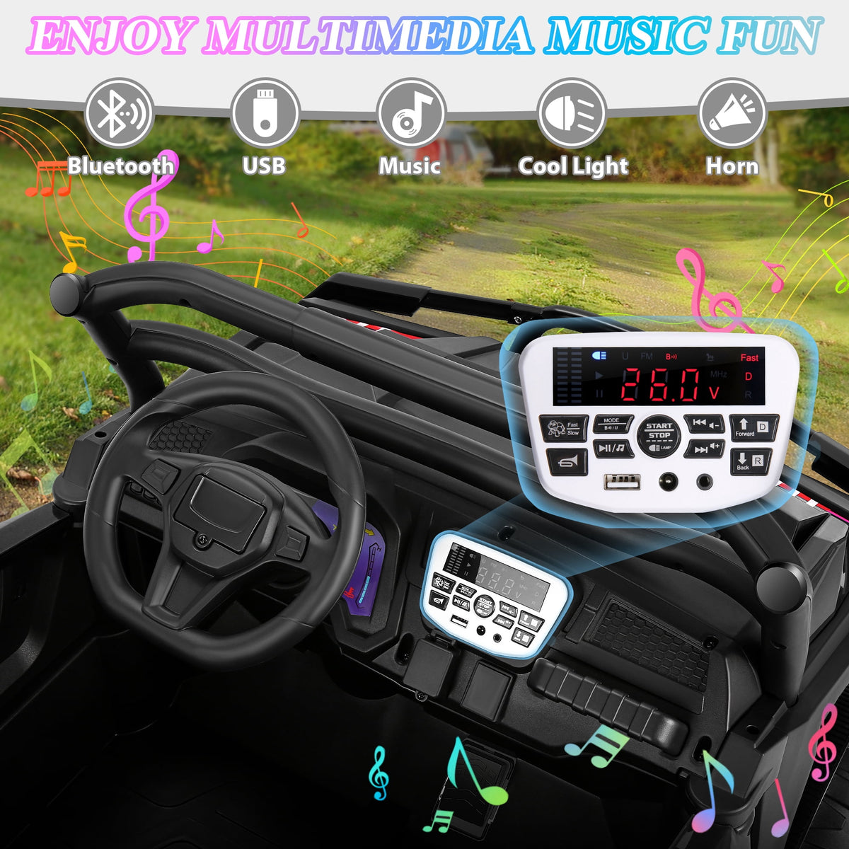Funcid 24 Volt Ride on Cars, 2-Seater Ride on Toys with Remote Control, 400W Electric Car, Ride on UTV w/ Bluetooth, MP3, Suspension, Seat Belts, Volume Adjustment, Black