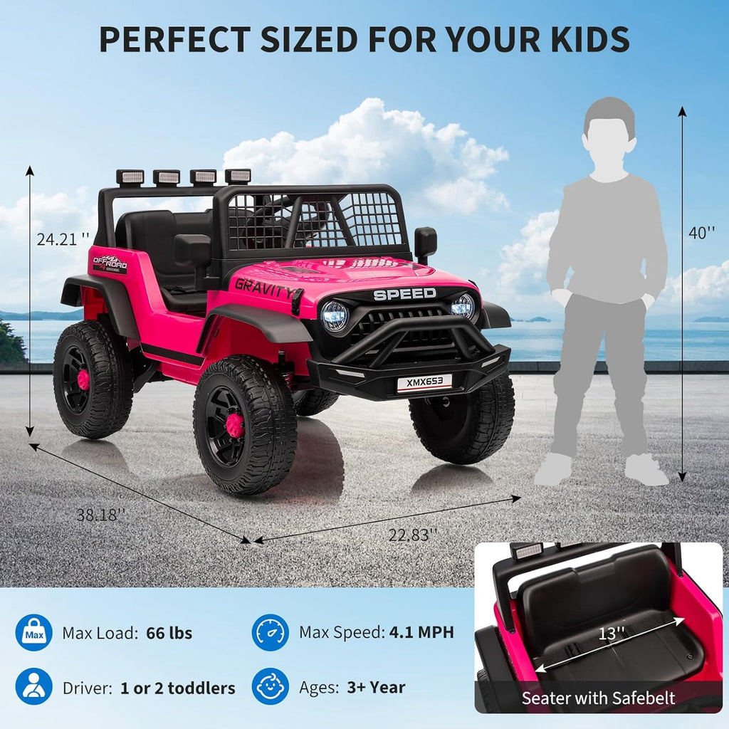 12V Ride-On Electric Car with Remote Control, Extra-Wide 13" Seat, 3 Speeds, 1.6-4.1 MPH, LED Lights, Music, USB, Safety Belt