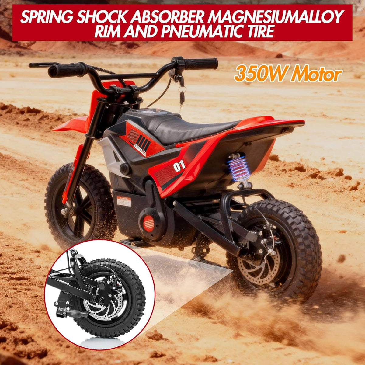 Fectiontool 24V Electric Ride-On Motorcycle, 350W Motor, 24V 7Ah Rechargeable Battery, Battery Powered Ride-On Bike, Energy-Efficient Charger Included,Red
