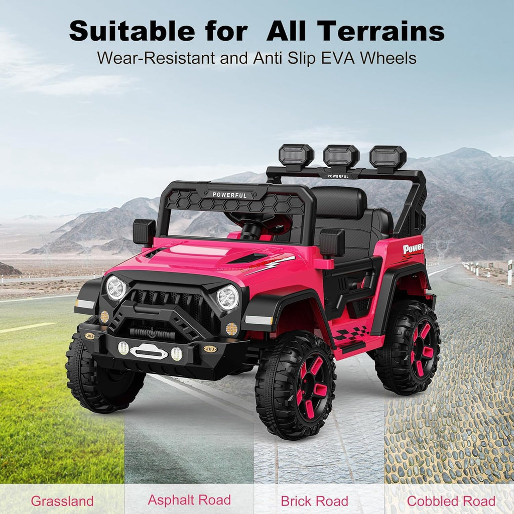 12V Ride-On Truck Car, 7Ah Battery, Parent Remote Control, 3 Speeds Up to 3.7 MPH, Soft Start, LED Lights, Bluetooth, USB, AUX, MP3, 66 Lbs