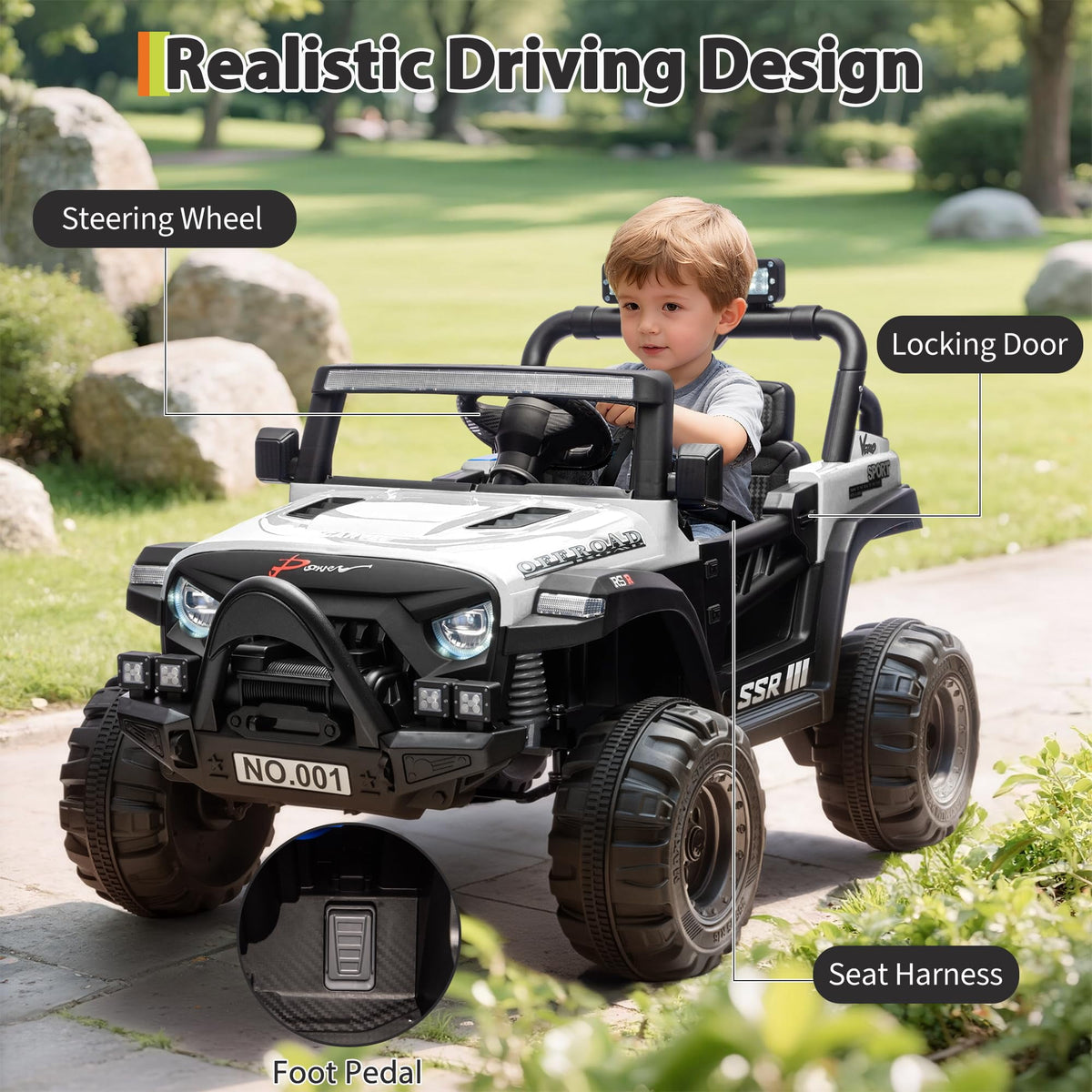 12V Kids Electric Ride-On Car – Parent Remote Control, 3 Speeds, Safety Locking Doors, 3-Point Harness, Spring Suspension, wireless Music, LED Lights, Anti-Slip Tires, Foot Brake, Battery Powered Toy