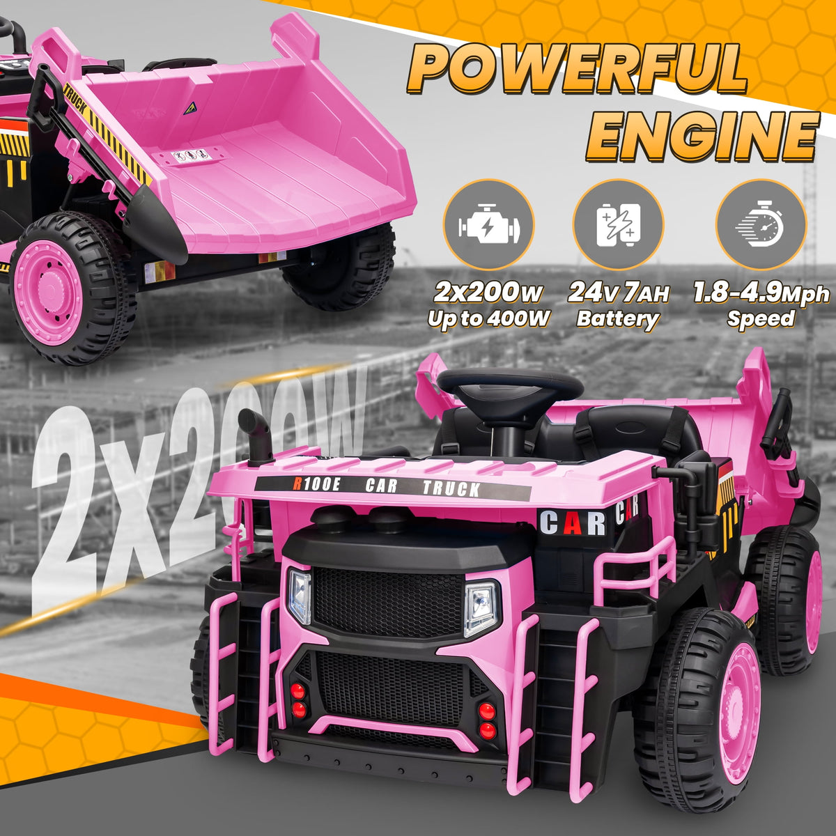 Funride 24V Ride on Toys 2 Seater Ride on Dump Truck w/ Remote Control w/ Dump Bed, 3 Speeds, Shovel, Bluetooth/Music, Big Kids, Yellow