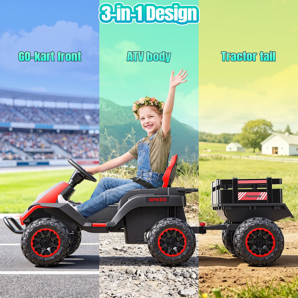 VIBESPARK 24V Ride on Toys with Remote Control, 3 in 1 Ride on Car, Ride on Tractor for Kids with Trailer, 6 Wheel Kids Electric Car w/ Bluetooth, MP3, Music, Green