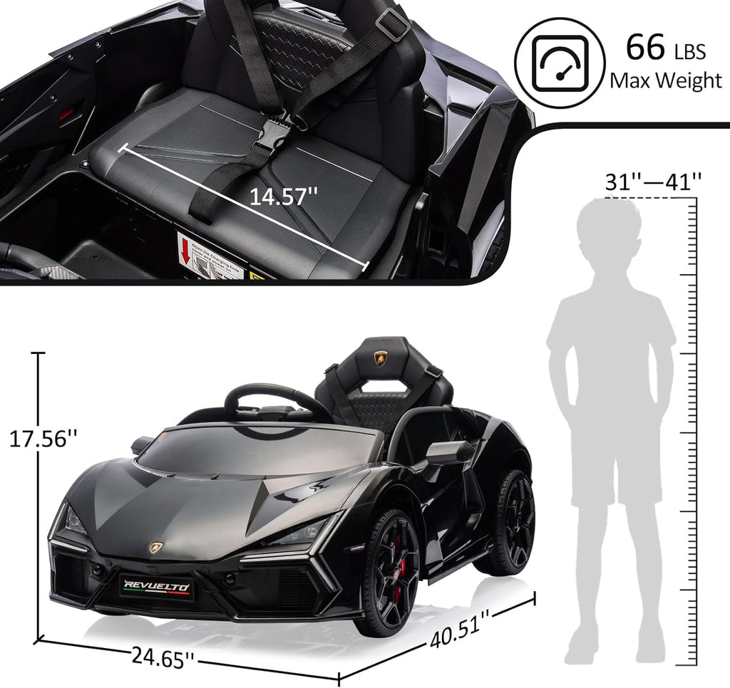 12V Licensed Lamborghini Revuelto Ride-On Electric Sports Car, Dual 25W Motors, Remote Control, Bluetooth, LED Headlights, Music, 1-2 MPH