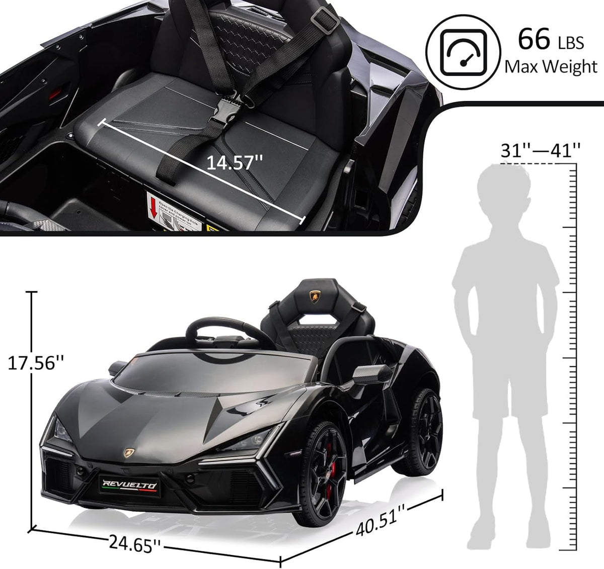 12V Licensed Lamborghini Revuelto Ride-On Electric Sports Car, Dual 25W Motors, Remote Control, Bluetooth, LED Headlights, Music, 1-2 MPH