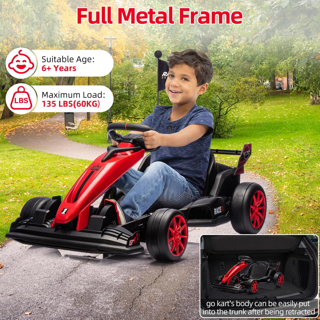24V Kids Ride-On Go Kart, 7.5MPH High-Speed Drifting Car, Dual 200W Motors, 7Ah Battery, Adjustable Length, Max Load 135lbs, Power Display Racing Toy for Children 6+, Green