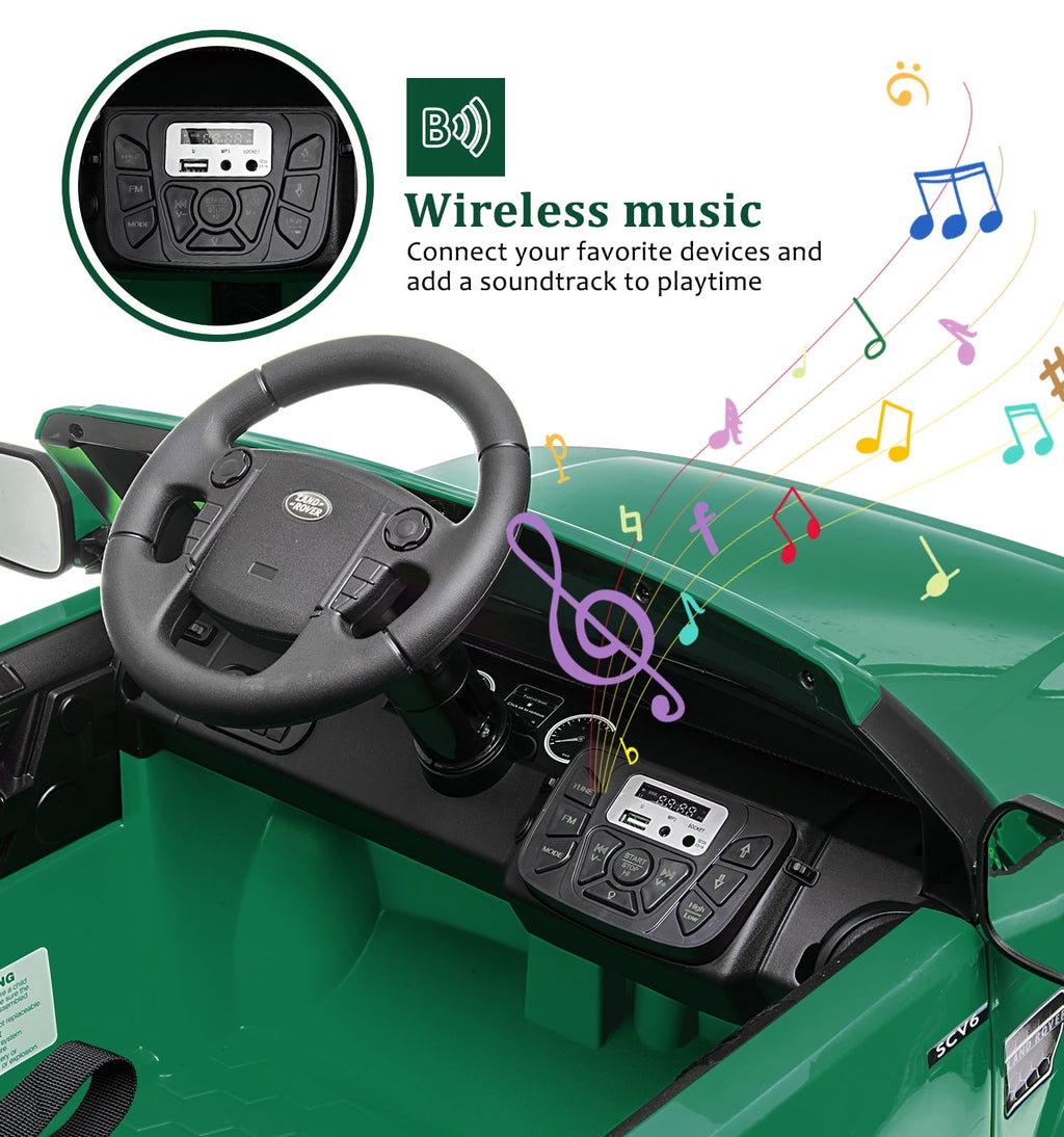 Licensed Land Rover 2-Seater 12V/24V Electric Ride-On Car for Kids Ages 3-8 - Remote Control, MP3, LED Lights, Adjustable Speeds, Shock Absorbers, Safety Seat Belts - Green