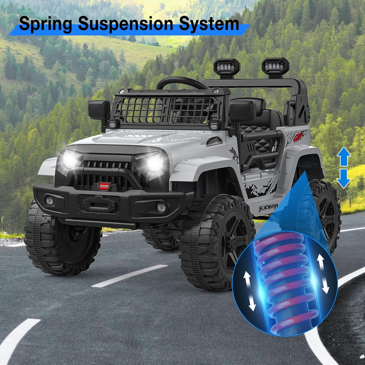 12V Electric Ride On Car with Remote Control, Off Road Ride On Vehicle with Bluetooth, LED Lights, Spring Suspension, Adjustable Seat Belt, All Terrain Tires, 61 lbs Capacity