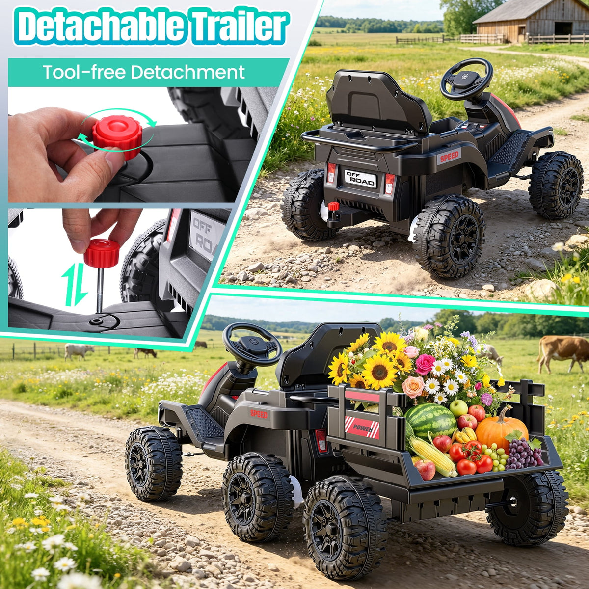 VIBESPARK 24V Ride on Toys with Remote Control, 3 in 1 Ride on Car, Ride on ATV for Kids with Trailer, 6 Wheel Kids Electric Car w/ Bluetooth, MP3, Music, Black