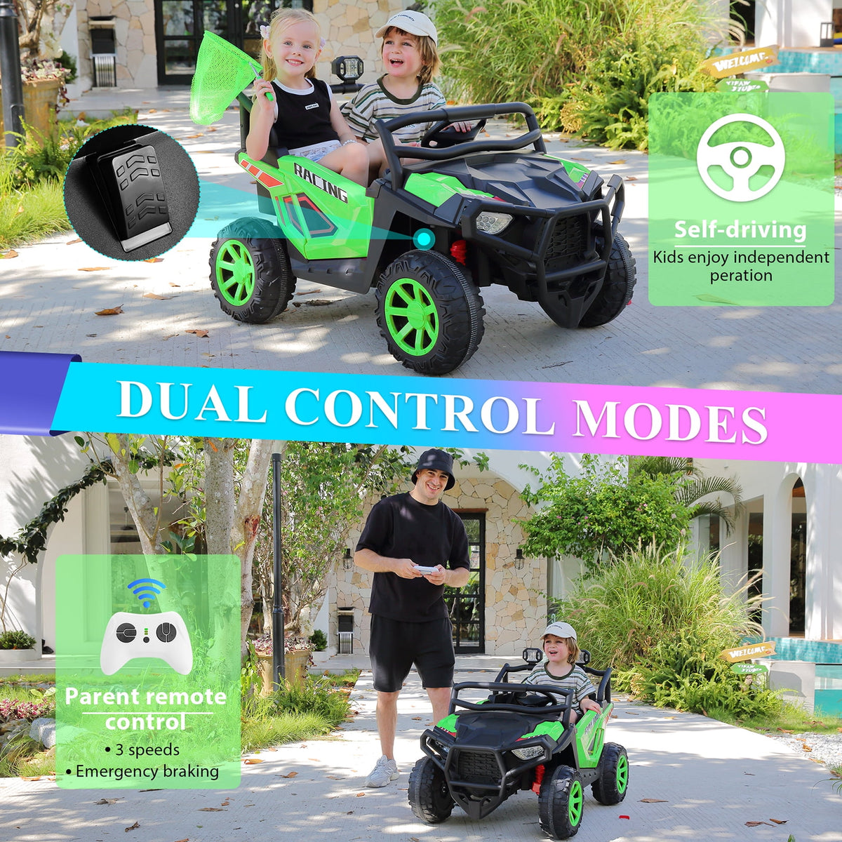 Funcid 24 Volt Ride on Toys, 2-Seater Ride on Cars with Remote Control, 400W Electric Car for Kids, Ride on UTV w/ Bluetooth, MP3, Seat Belts, Volume Adjustment, Suspension, Green