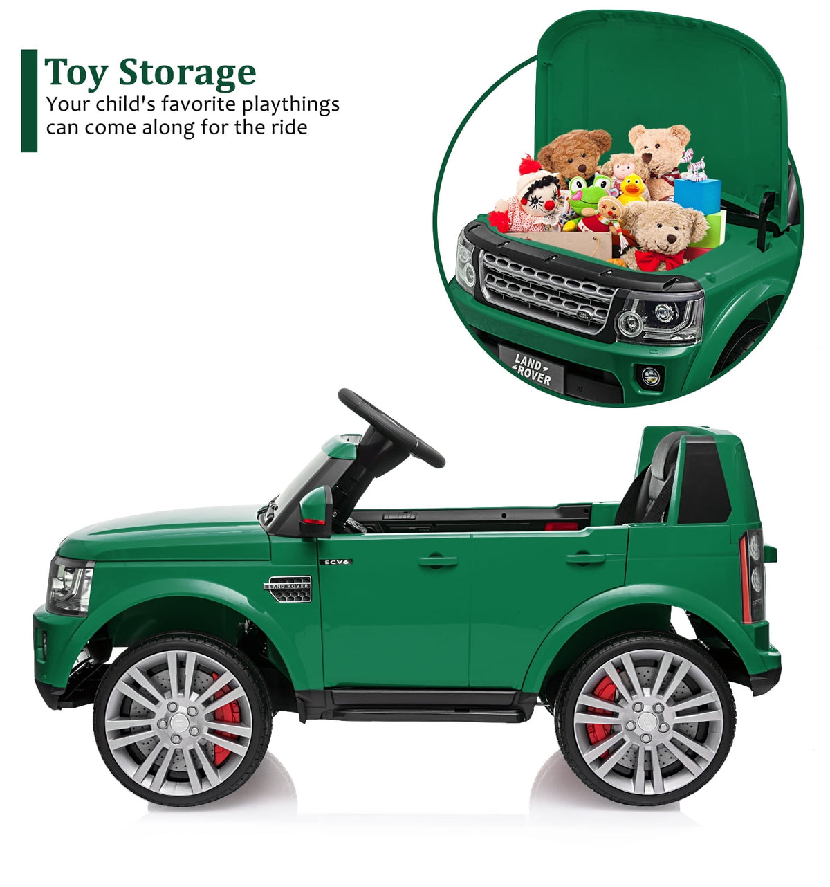 Licensed Land Rover 2-Seater 12V/24V Electric Ride-On Car for Kids Ages 3-8 - Remote Control, MP3, LED Lights, Adjustable Speeds, Shock Absorbers, Safety Seat Belts - Green