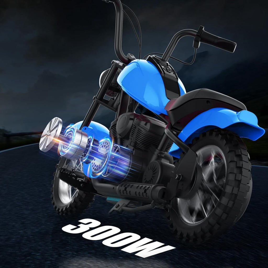 24V Electric Dirt Bike, 300W Chain-Driven Motor, Up to 15 MPH, 2-Speed, 10-Mile Range, 12" Air-Filled Rubber Tires, Leather Seat, Hand Brake, LED Lights, 150 Lbs