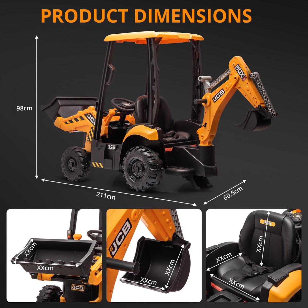 4 in 1 Ride on Excavator & Bulldozer, 12V Kids Electric Vehicle with Remote Control, Front Loader, Digger, Horn, Adjustable Seat, Excavator Ride on Car Toy, White