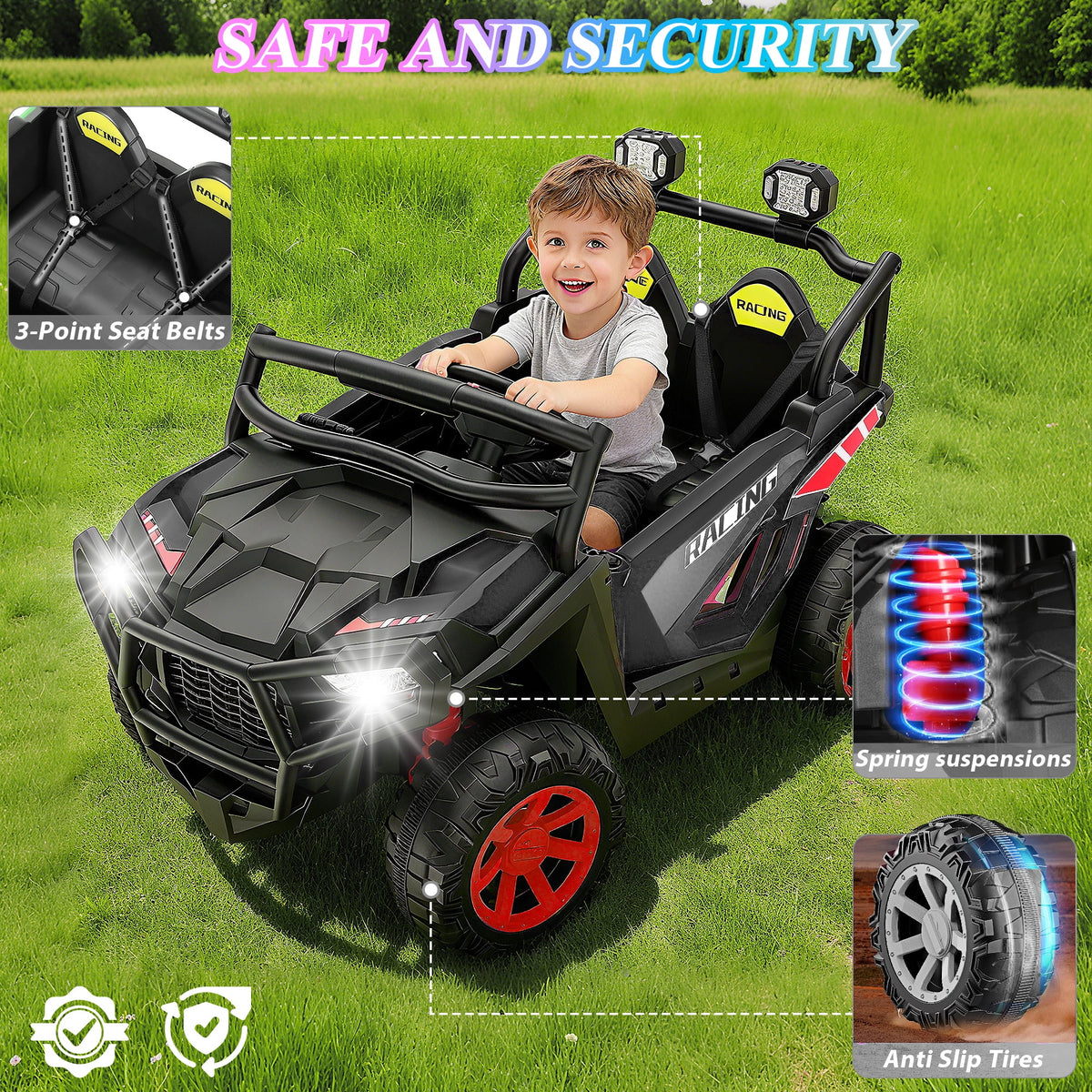 Funcid 24 Volt Ride on Toys, 2-Seater Ride on Cars with Remote Control, 400W Electric Car for Kids, Ride on UTV w/ Bluetooth, MP3, Seat Belts, Volume Adjustment, Suspension, Green