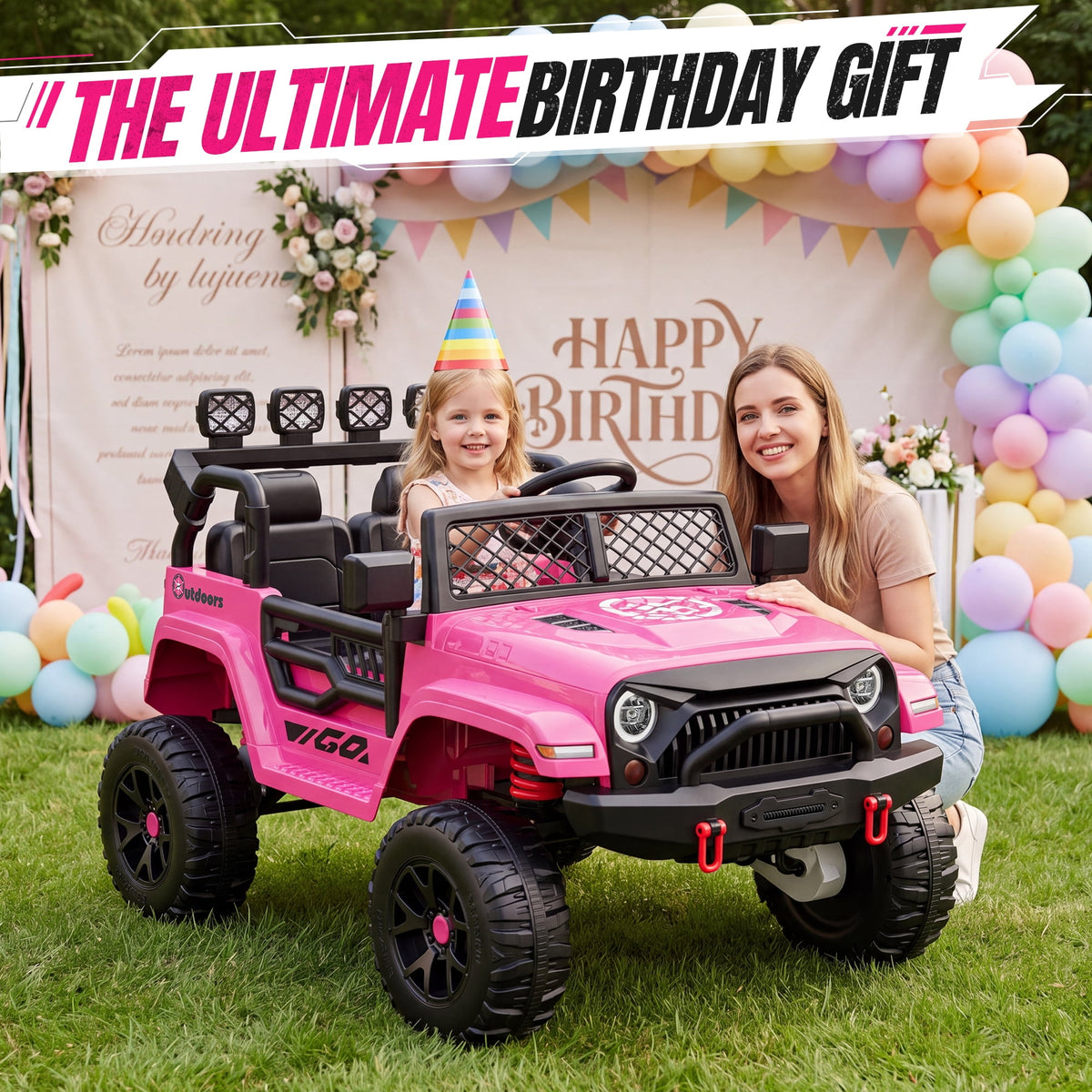 Wisairt 24V Ride on Cars, 4WD 800W Ride on Toys for Big Kids, Power Car Wheel with Remote, Kids Electric Car with 2 Seater, Music, LED Lights, Seat Belt, 3-8 Years Old, Pink
