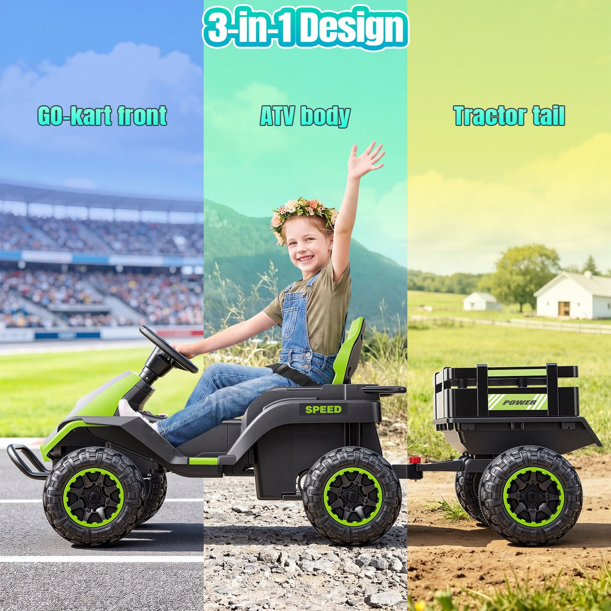 VIBESPARK 24V Ride on Toys with Remote Control, 3 in 1 Ride on Car, Ride on ATV for Kids with Trailer, 6 Wheel Kids Electric Car w/ Bluetooth, MP3, Music, Black