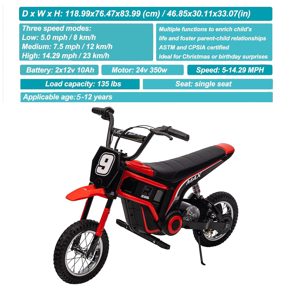 TROPOW 24 Volt Ride On Toys for Boys,Electric Dirt Bike for Kids - 350W Ride On Motorcycle, Ages 5+, Up to 14.29 MPH, 2-Speed Modes, Max Weight 135 Lbs, Red2#