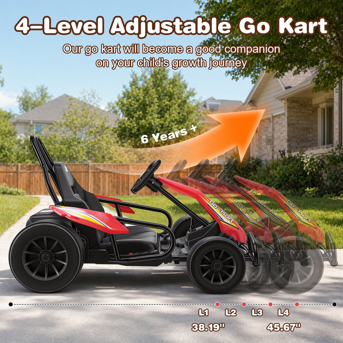 Funcid 24V 10Ah Big Battery Go Kart for Kids Age 6-12, Ride on Toys with 600W Motors, 7.5 MPH Electric Go Kart W/ EVA Wheels, 4-Level Adjustable Seat & 360° Drift Mode, LED Power Display, Red