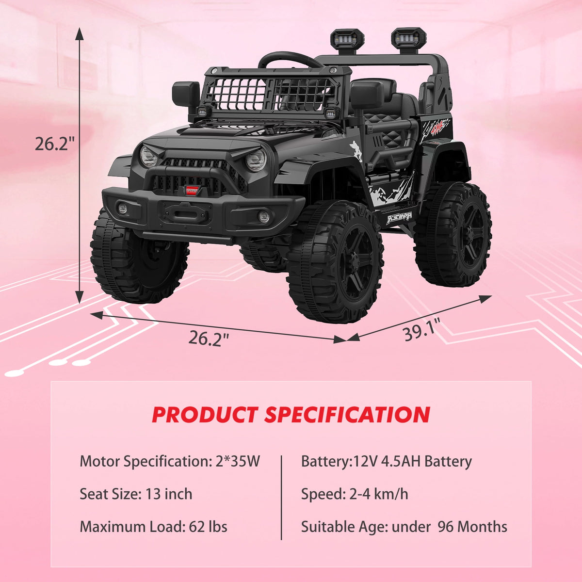 12V Kids Electric Ride-On Truck – Parental Remote Control, Seasonal Suspension, LED Lights, Wireless Connection, 2 Speeds, Standard Test Method Certified, Off-Road Toy Car