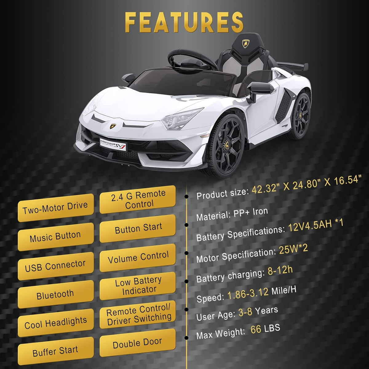 12V Licensed Sports Car Ride On Vehicle with Remote Control, Electric Ride On Car with Bluetooth, Hydraulic Swing Doors, LED Lights, Dual 25W Motors, USB/AUX/TF Audio