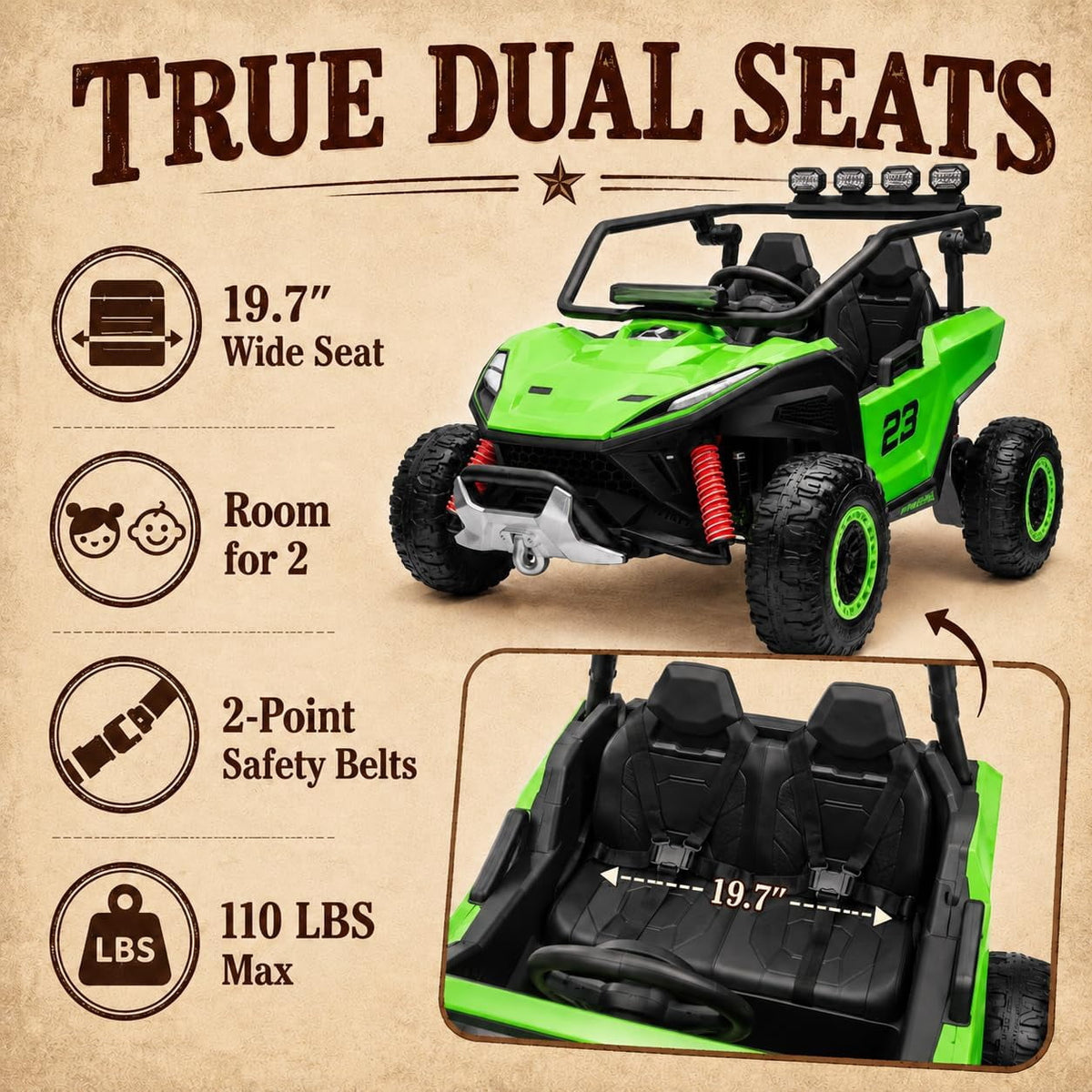 12V 2-Seater Electric UTV Ride-On Car, 4WD, Dual 40W Motors, 2.4G Parent Remote, 12V 7Ah Battery, 110 Lb Capacity,Green