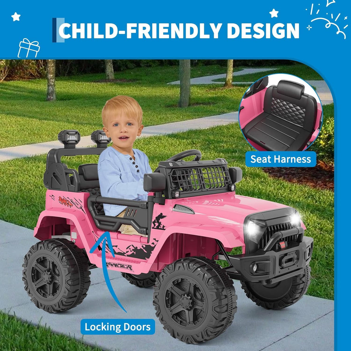 12V Electric Ride On Car with Remote Control, Off Road Ride On Vehicle with Bluetooth, LED Lights, Spring Suspension, Adjustable Seat Belt, All Terrain Tires, 61 lbs Capacity