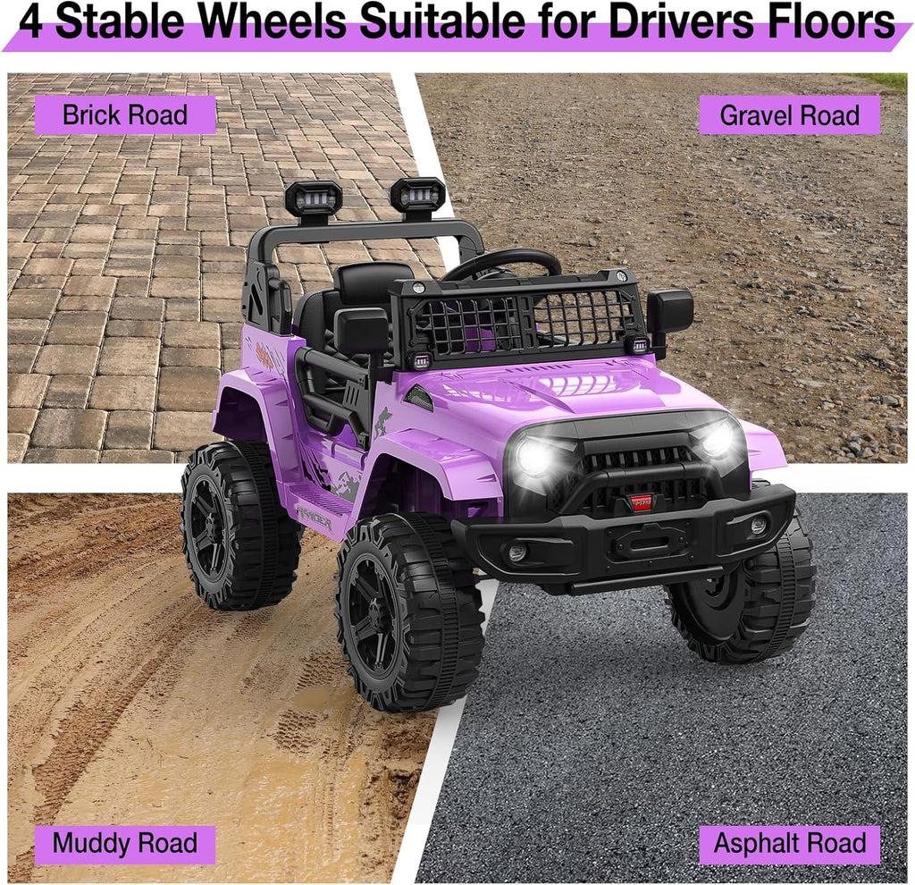 12V Electric Ride On Car with Remote Control, Off Road Ride On Vehicle with Bluetooth, LED Lights, Spring Suspension, Adjustable Seat Belt, All Terrain Tires, 61 lbs Capacity