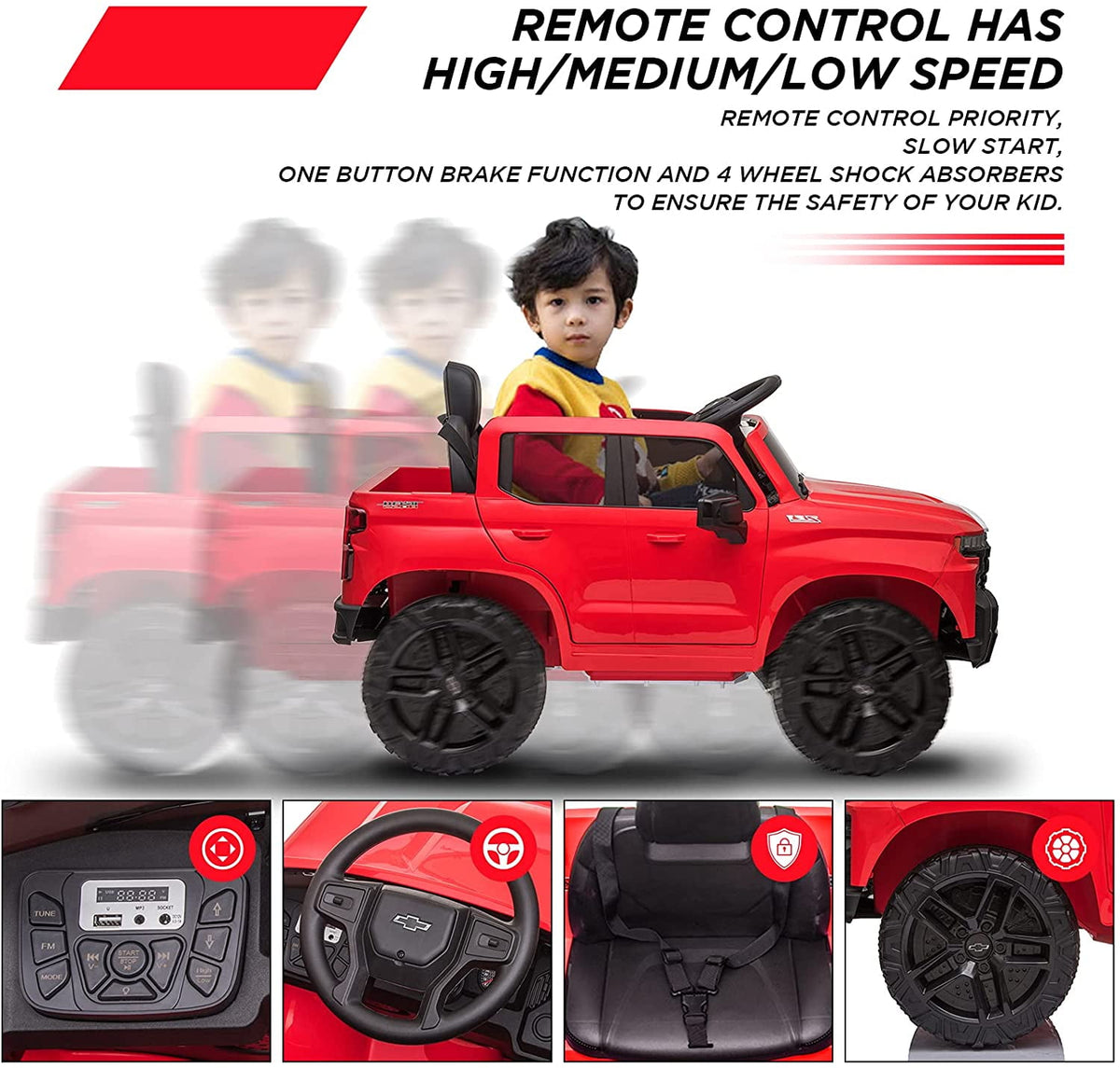 12V Licensed Chevrolet Silverado Ride On Truck, Electric Ride On Car with Remote Control, Bluetooth, MP3, LED Lights, Spring Suspension, Storage Bin, Realistic Truck Toy