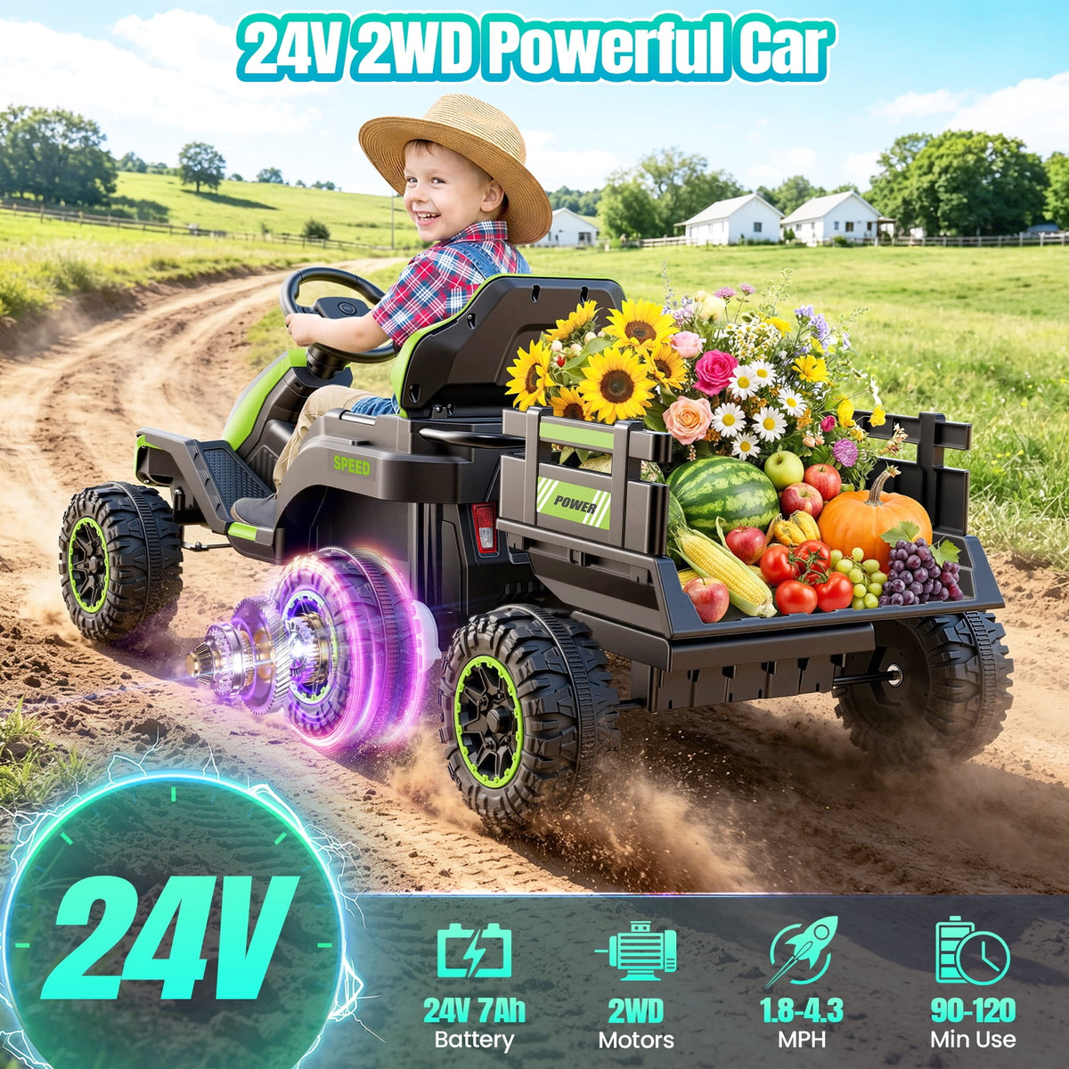 VIBESPARK 24V Ride on Toys with Remote Control, 3 in 1 Ride on Car, Ride on ATV for Kids with Trailer, 6 Wheel Kids Electric Car w/ Bluetooth, MP3, Music, Black