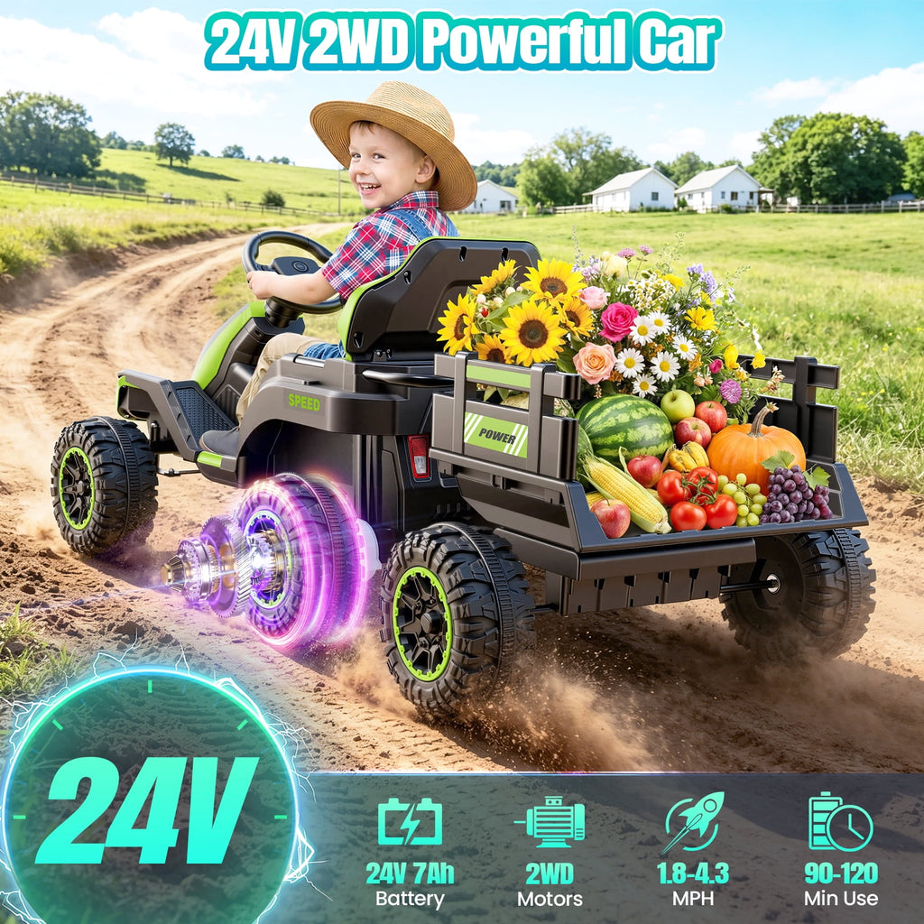 VIBESPARK 24V Ride on Toys with Remote Control, 3 in 1 Ride on Car, Ride on Tractor for Kids with Trailer, 6 Wheel Kids Electric Car w/ Bluetooth, MP3, Music, Green