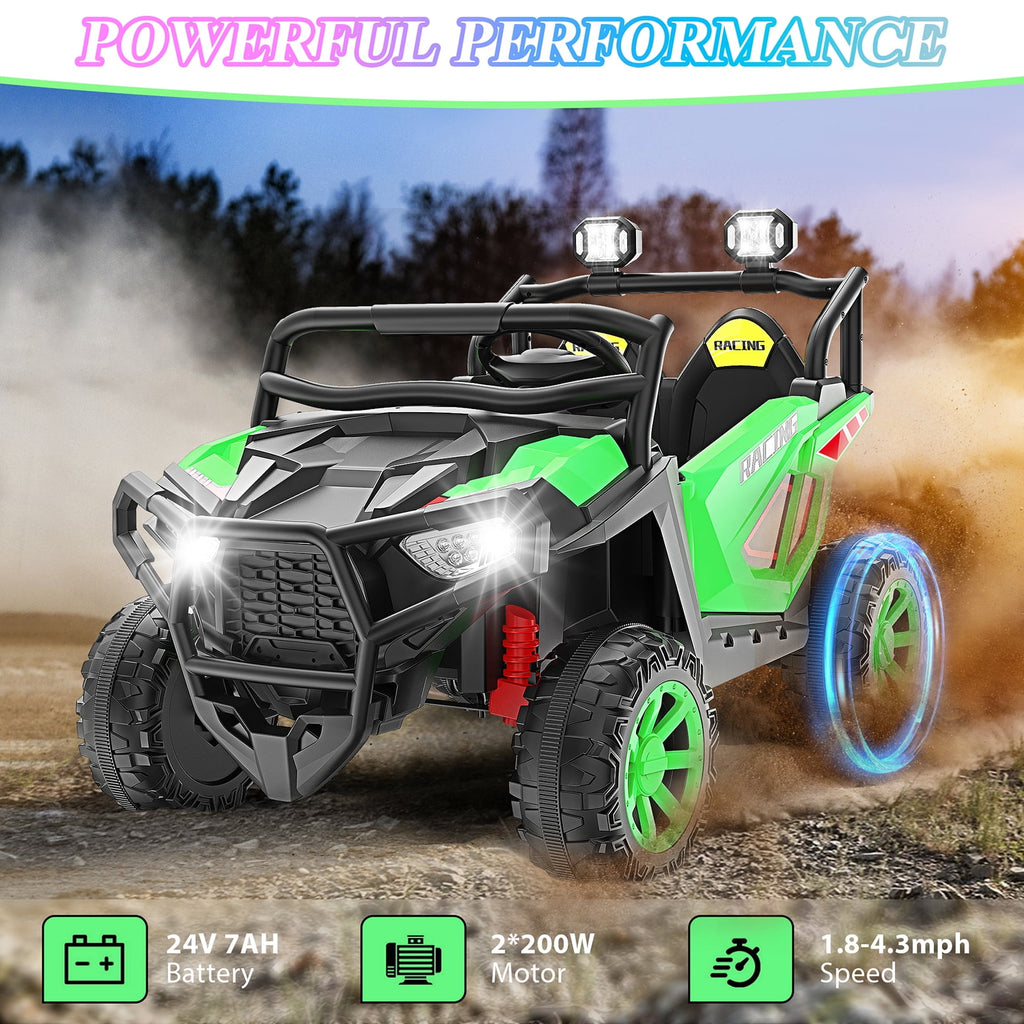 Funcid 24 Volt Ride on Toys, 2-Seater Ride on Cars with Remote Control, 400W Electric Car for Kids, Ride on UTV w/ Bluetooth, MP3, Seat Belts, Volume Adjustment, Suspension, Green