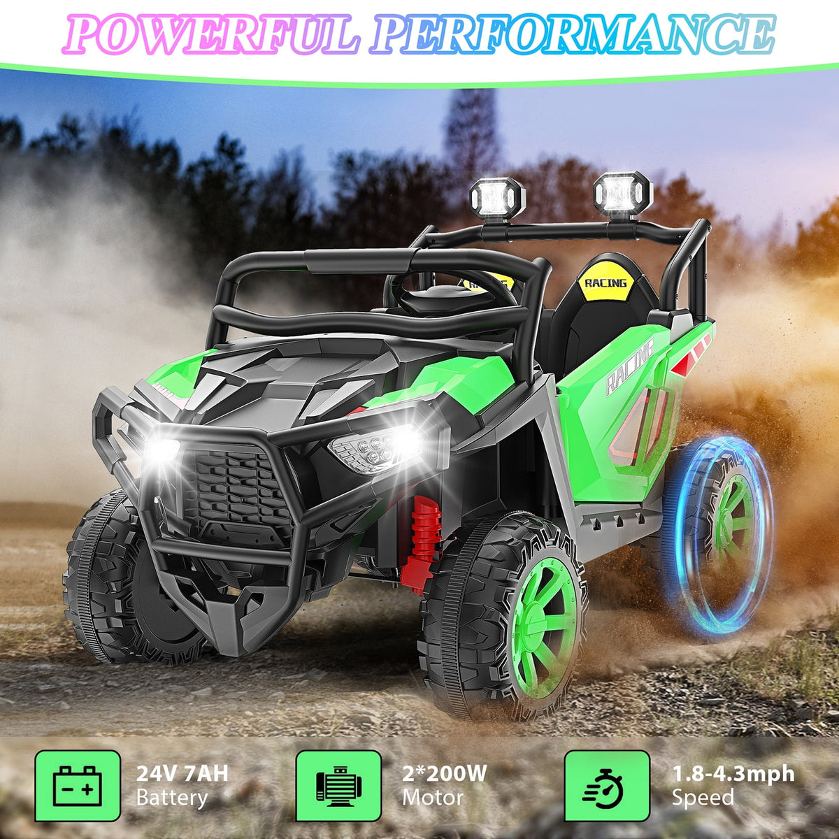 Funcid 24 Volt Ride on Toys, 2-Seater Ride on Cars with Remote Control, 400W Electric Car for Kids, Ride on UTV w/ Bluetooth, MP3, Seat Belts, Volume Adjustment, Suspension, Green
