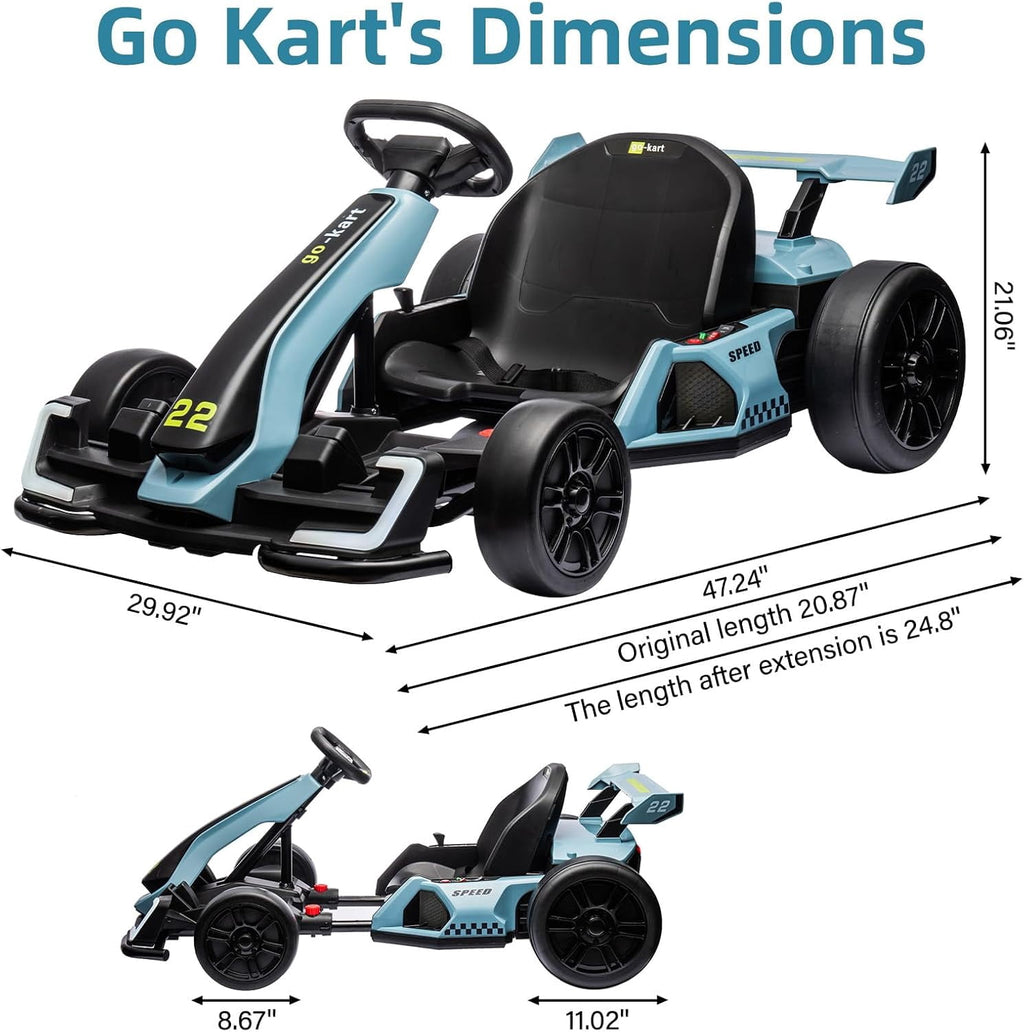 24V Electric Drift Go Kart, Dual 300W Motor Racing Car with Drift & Sport Modes, Adjustable Length, LED Lights, EVA Tires, Up to 8.5MPH, Outdoor Ride On Racing Kart,Blue