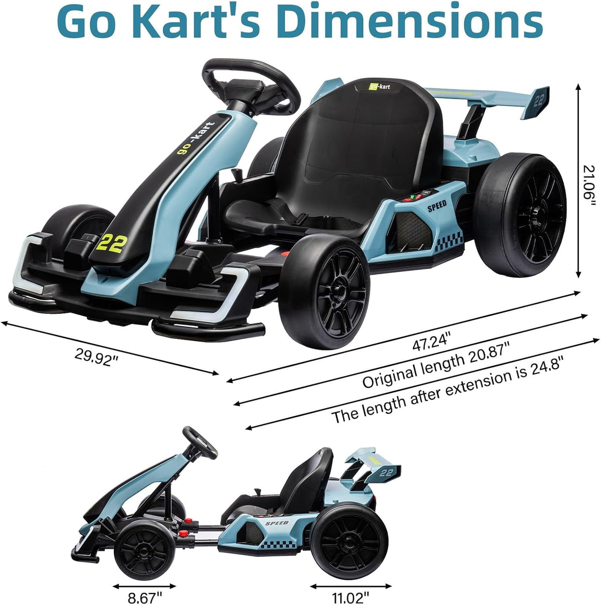 24V Electric Drift Go Kart, Dual 300W Motor Racing Car with Drift & Sport Modes, Adjustable Length, LED Lights, EVA Tires, Up to 8.5MPH, Outdoor Ride On Racing Kart,Blue