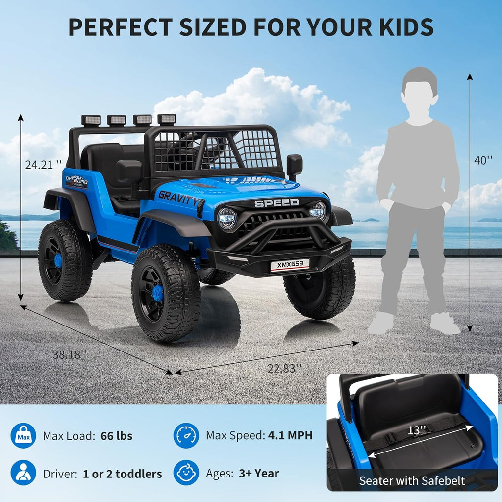 12V Ride-On Electric Car with Remote Control, Extra-Wide 13" Seat, 3 Speeds, 1.6-4.1 MPH, LED Lights, Music, USB, Safety Belt