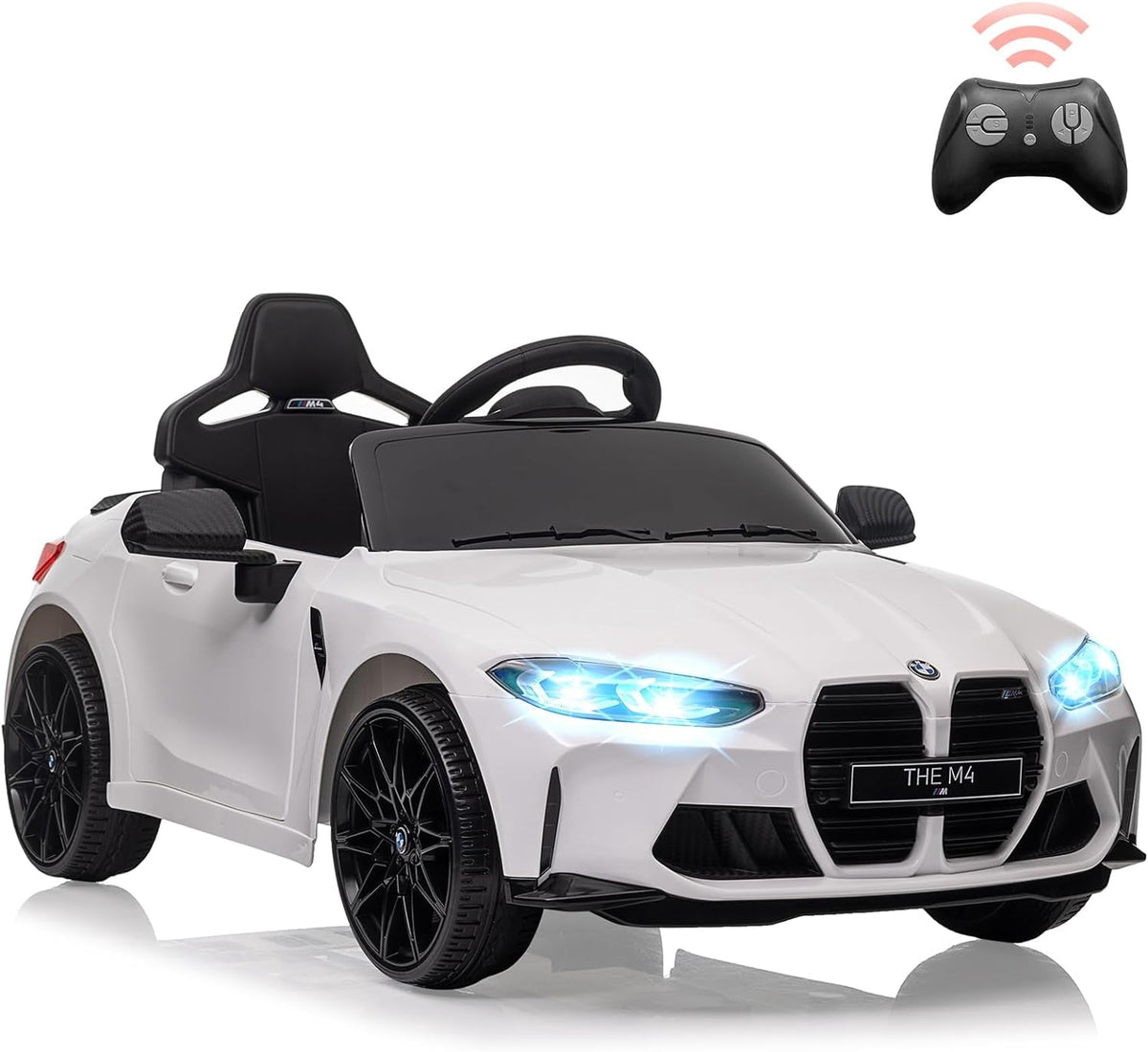 12V Licensed BMW M4 Ride-On Electric Car with Remote Control, 3 Speeds, LED Lights, Music, USB, Adjustable Seat Belt