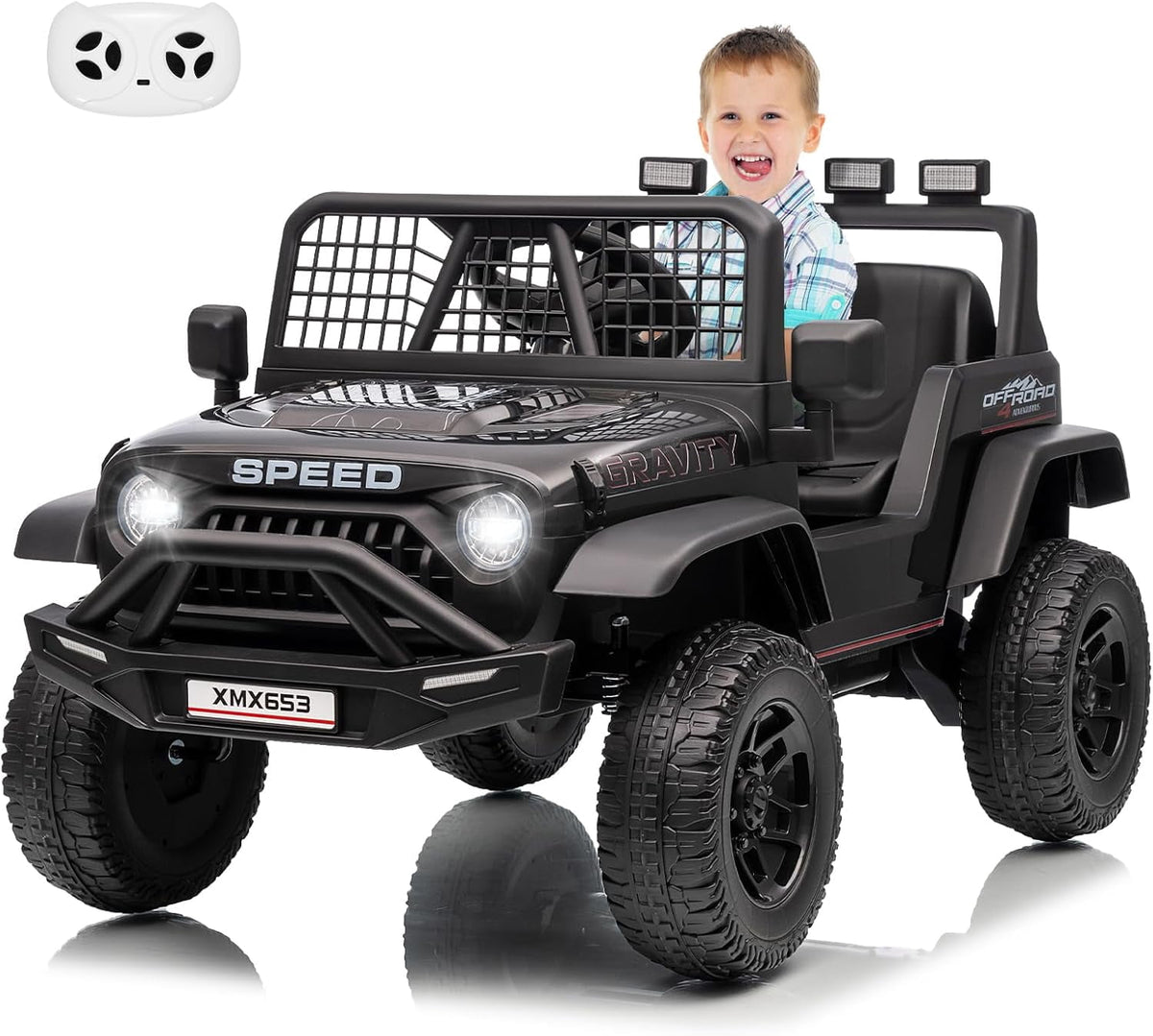 12V Ride-On Electric Car with Remote Control, Extra-Wide 13" Seat, 3 Speeds, 1.6-4.1 MPH, LED Lights, Music, USB, Safety Belt