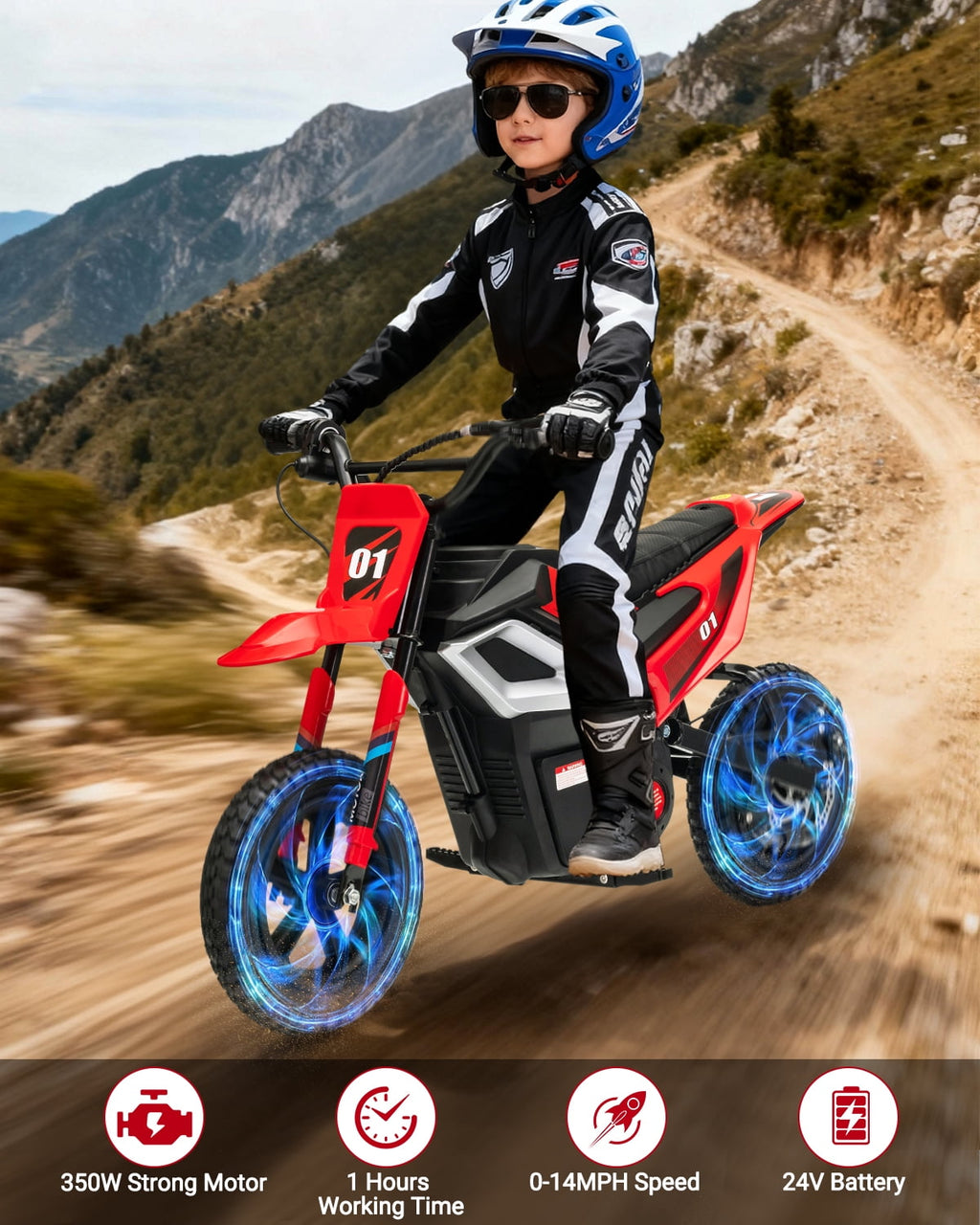 24V 350W Electric Dirt Bike for Kids - 13.7 MPH Max Speed, 12 Mile Range, Rear Suspension, Twist Grip Throttle, Key Start, Hand Brake - Built-in Music & wireless, Ride-On Motorcycle Toy, Red