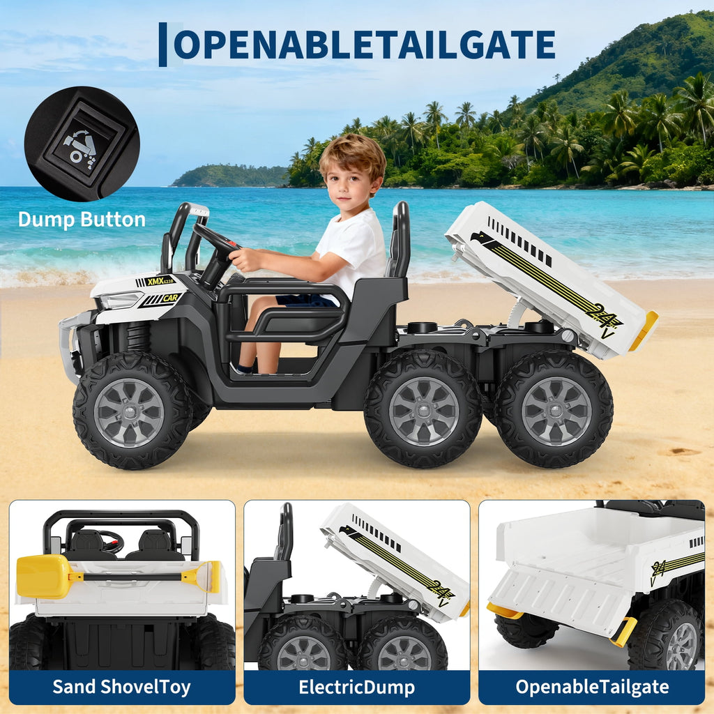 24V 2-Seater 6-Wheel Electric Dump Truck Ride-On for Kids – 4WD UTV Car, Remote Control, Electric Dump Bed, Music, Horn, Industry Standard/CPSIA Certified, Power Ride-On Toy for Boys & Girls