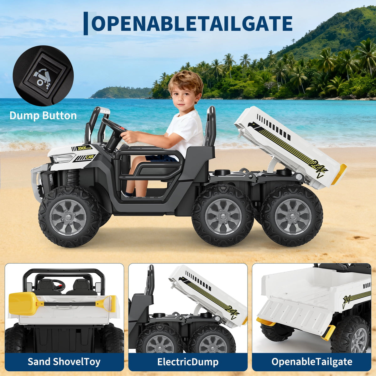 24V 2-Seater 6-Wheel Electric Dump Truck Ride-On for Kids – 4WD UTV Car, Remote Control, Electric Dump Bed, Music, Horn, Industry Standard/CPSIA Certified, Power Ride-On Toy for Boys & Girls