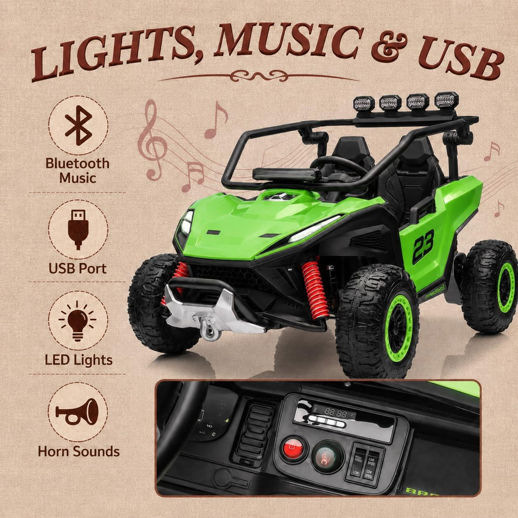 12V 2-Seater Electric UTV Ride-On Car, 4WD, Dual 40W Motors, 2.4G Parent Remote, 12V 7Ah Battery, 110 Lb Capacity,Green