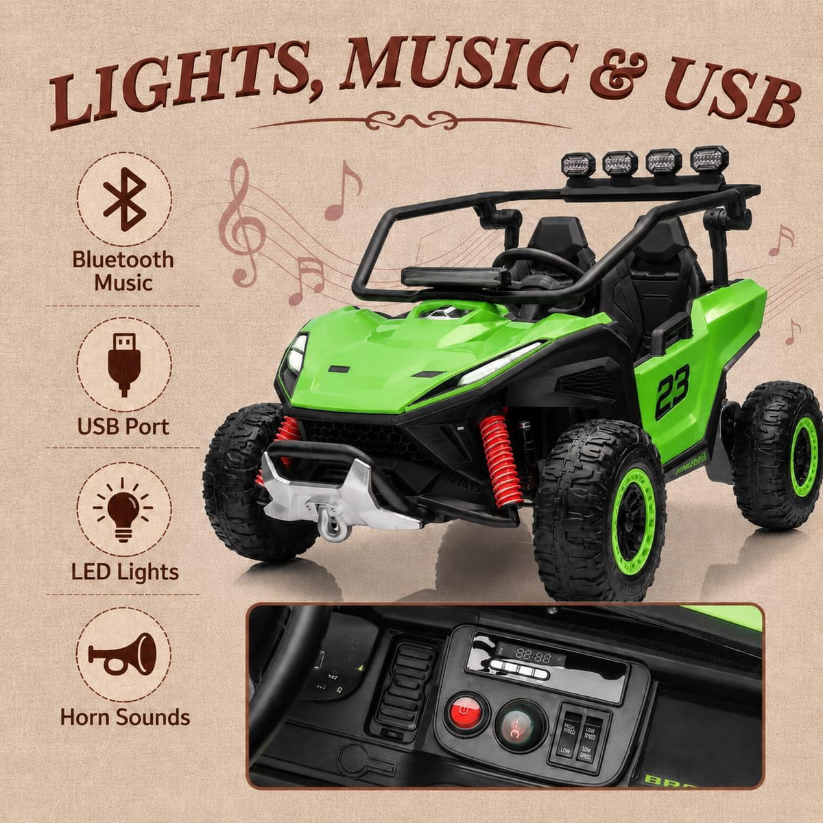12V 2-Seater Electric UTV Ride-On Car, 4WD, Dual 40W Motors, 2.4G Parent Remote, 12V 7Ah Battery, 110 Lb Capacity,Green