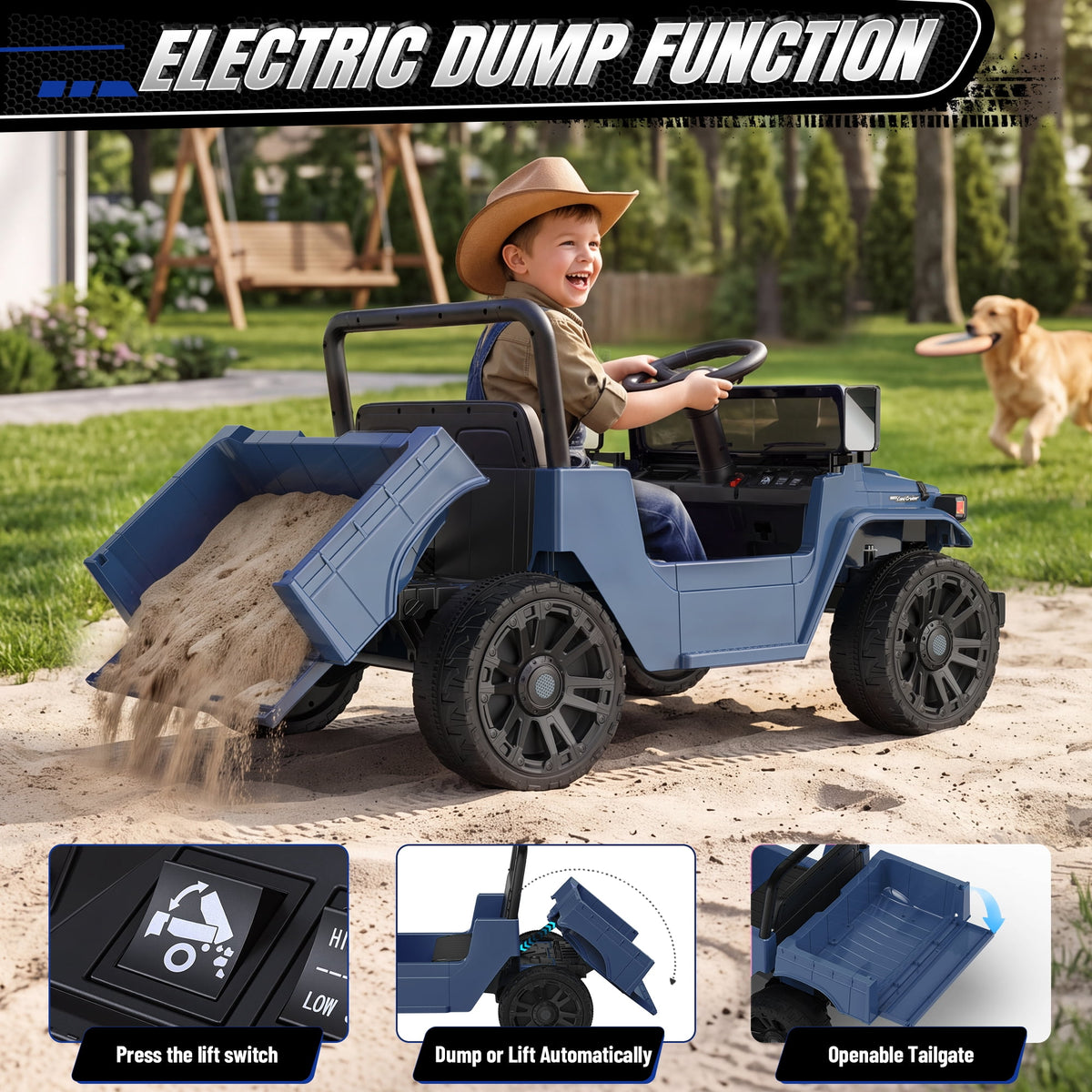24V Ride On Dump Truck for Kids, Licensed Toyota Land Cruiser FJ45 Power Car Wheels Ride On Toy with Electric Dump Bed, Parent Remote Control, Music, LED Lights, Birthday Gift for Kids Ages 3-6, Blue