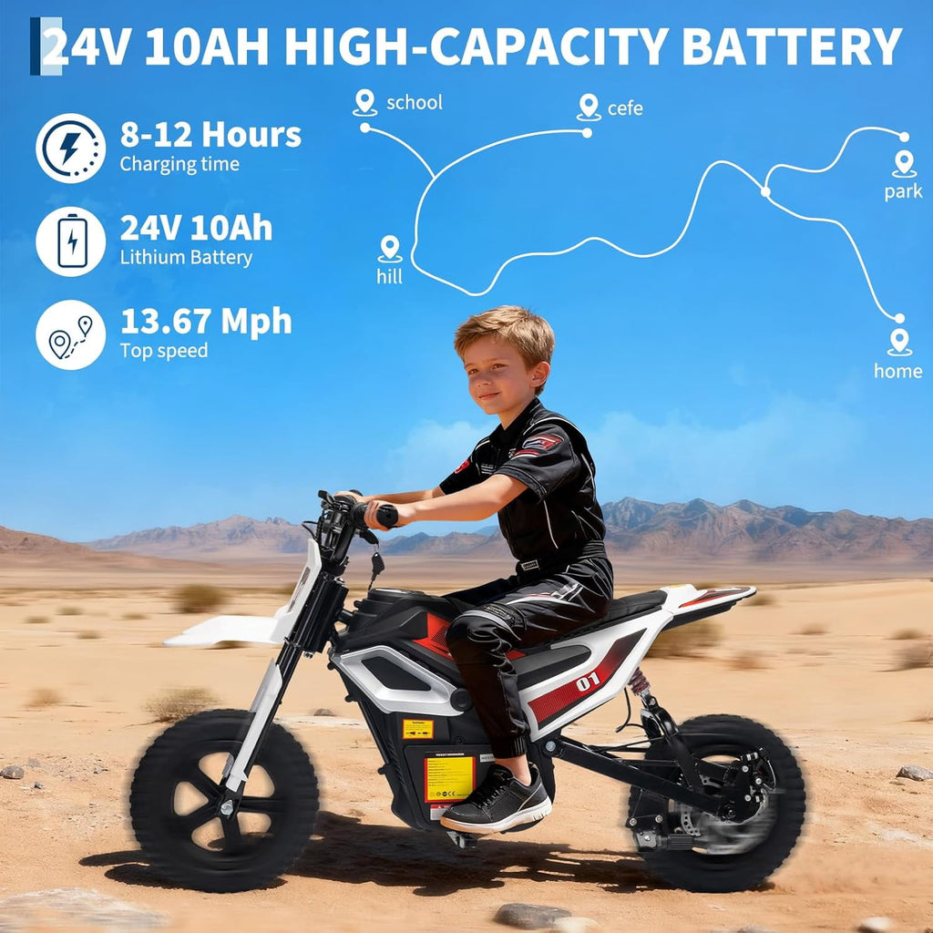 24V Electric Dirt Bike, 350W Ride-On Motorcycle with Rear Suspension, Twist-Grip Throttle, 12-Inch Rubber Tires, 13.67 MPH, 132 Lbs