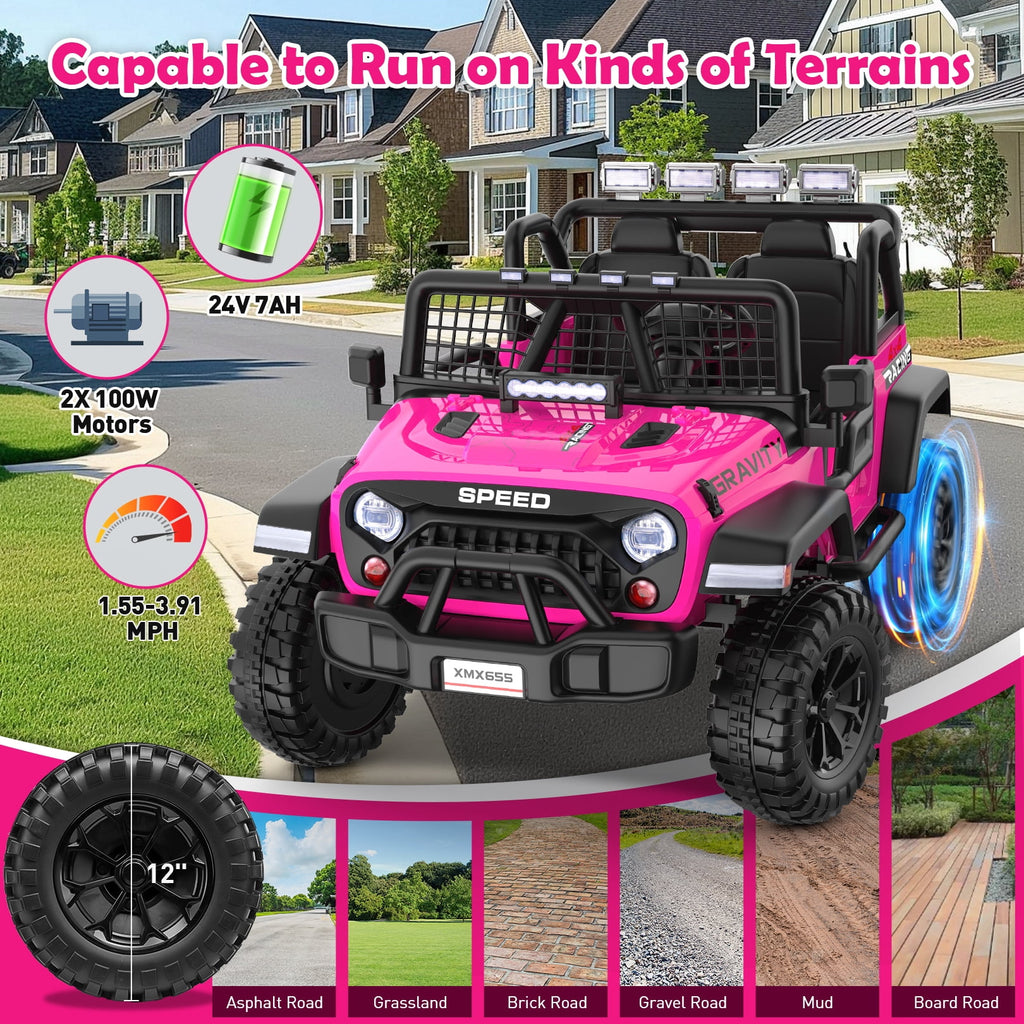Funcid 24 Volt Ride on Toys with Remote Control, 400W 2-Seater Ride on Cars with Colored LED Lights & Battery Indicator, Electric Car for Kids w/ Bluetooth, Light Control, Volume Knob, Pink