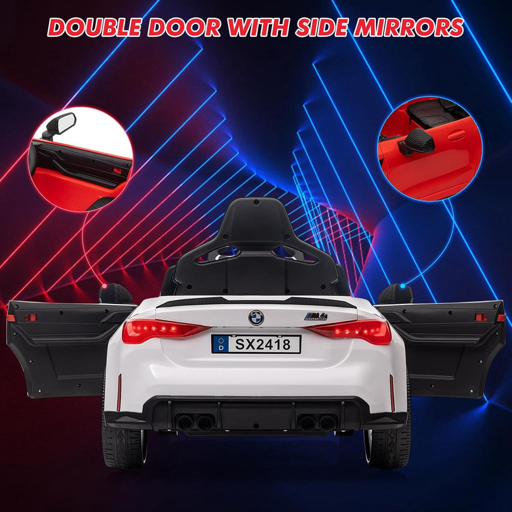 12V Licensed BMW M4 Ride-On Electric Car with Remote Control, 3 Speeds, LED Lights, Music, USB, Adjustable Seat Belt