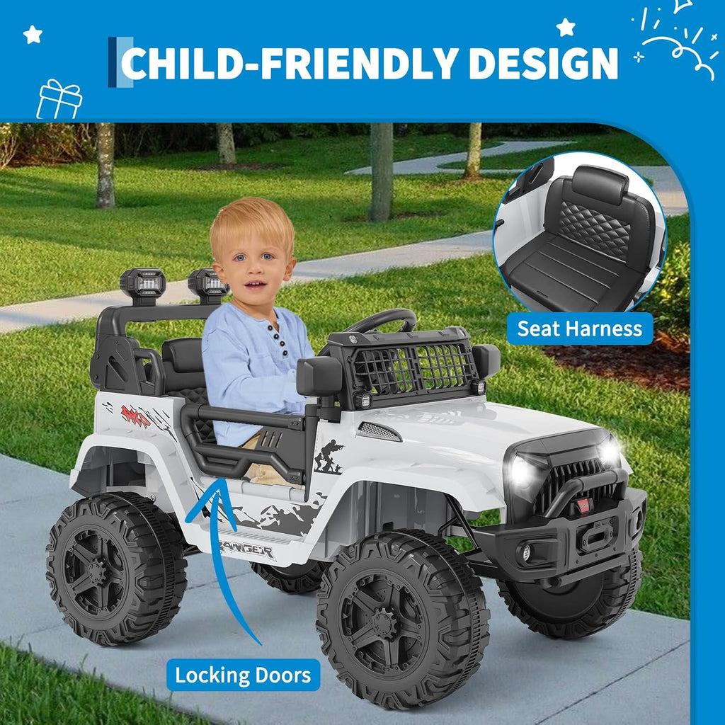 12V Electric Ride On Car with Remote Control, Off Road Ride On Vehicle with Bluetooth, LED Lights, Spring Suspension, Adjustable Seat Belt, All Terrain Tires, 61 lbs Capacity