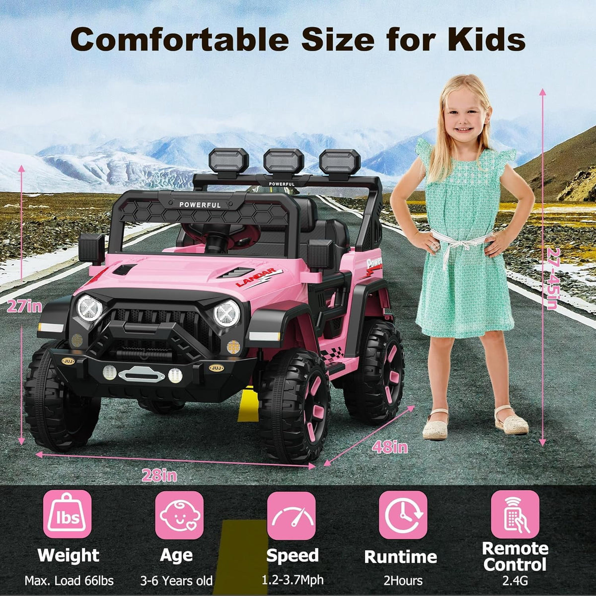 12V Ride-On Truck Car, 7Ah Battery, Parent Remote Control, 3 Speeds Up to 3.7 MPH, Soft Start, LED Lights, Bluetooth, USB, AUX, MP3, 66 Lbs