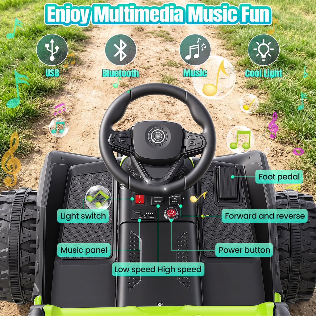 VIBESPARK 24V Ride on Toys with Remote Control, 3 in 1 Ride on Car, Ride on Tractor for Kids with Trailer, 6 Wheel Kids Electric Car w/ Bluetooth, MP3, Music, Green