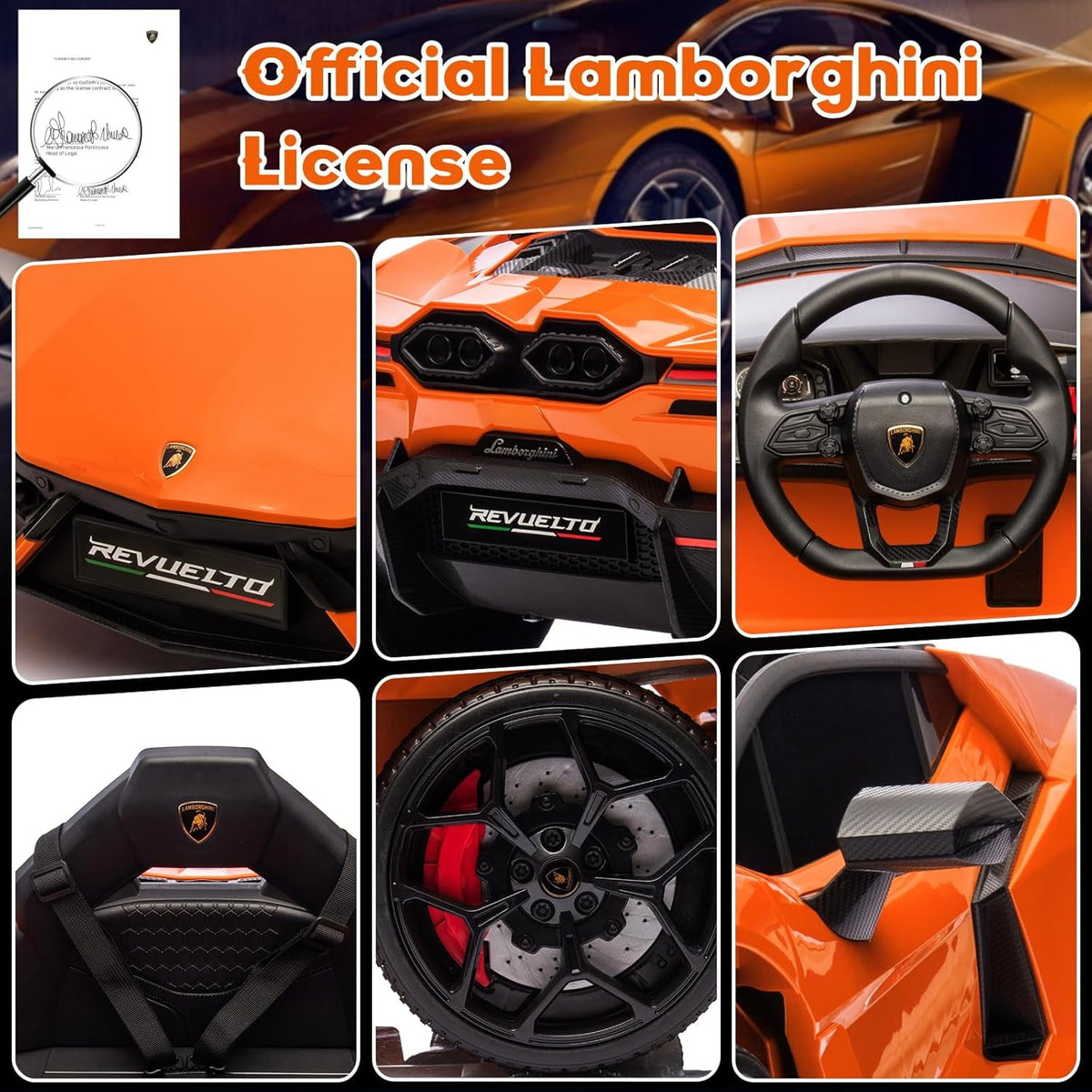 12V Licensed Lamborghini Revuelto Ride-On Electric Sports Car, Dual 25W Motors, Remote Control, Bluetooth, LED Headlights, Music, 1-2 MPH